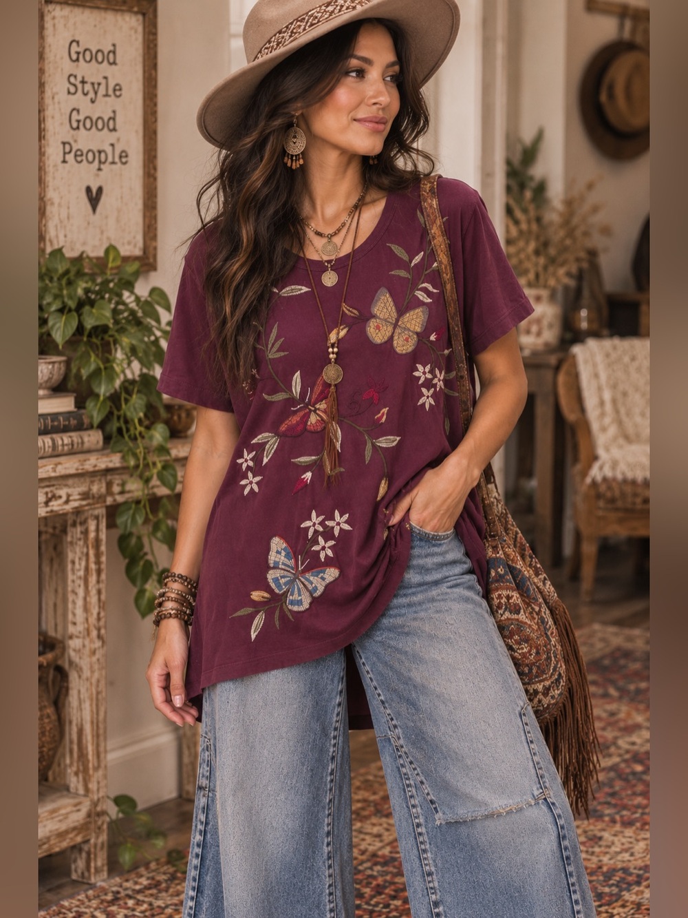 Johnny Was Embroidered Butterfly Floral Cotton Top Burgundy Size Medium